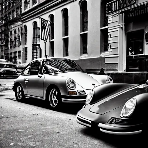 Prompt: An old porsche parked in front of a cafe in NYC, vintage photo, cinematic, black and white, close-up