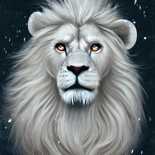 Image similar to aesthetic half body portrait commission of a albino male furry anthro lion wearing a Kimono, detailed face , hyperdetailed, snowy winter atmosphere. Character design by charlie bowater, ross tran, artgerm, and makoto shinkai, detailed, inked, western comic book art, 2021 award winning painting