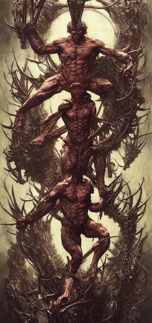 Prompt: weaponx in the style of wayne barlowe, gustav moreau, peter mohrbacher, bussiere, roberto ferri, santiago caruso, luis ricardo falero, austin osman spare