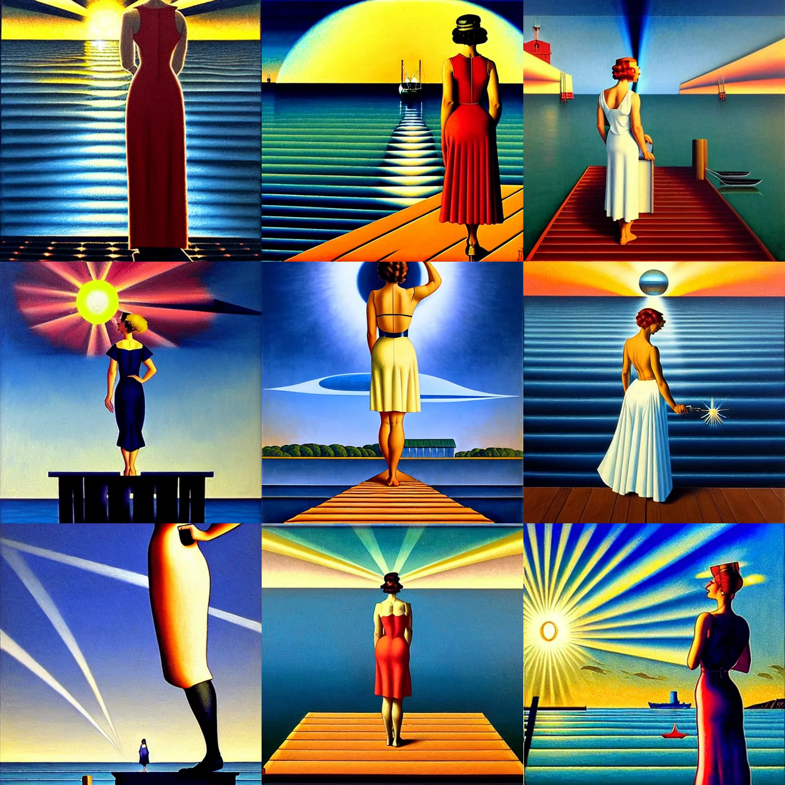 Prompt: an art deco painting of a woman standing on a dock by rafal olbinski and rob gonsalves and norman rockwell, pixabay contest winner, precisionism, art deco, surrealist, chiaroscuro, sunburst behind woman