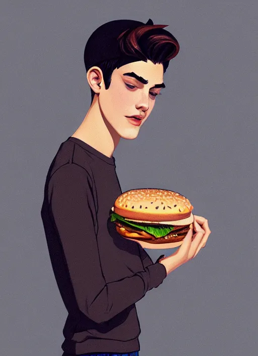 Image similar to portrait of teenage jughead jones wearing a light grey crown, crown, eating hamburger, eyes closed, crown, black hair, intricate, elegant, glowing lights, warm lighting, highly detailed, digital painting, artstation, concept art, smooth, sharp focus, illustration, art by wlop, mars ravelo and greg rutkowski