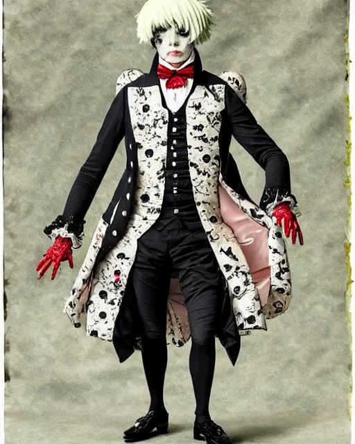 Image similar to tokyo ghoul monster ken kaneki character wearing a beautiful 1 8 th century suit with a tie, rococo style, francois boucher style, highly detailed, very realistic, painterly style