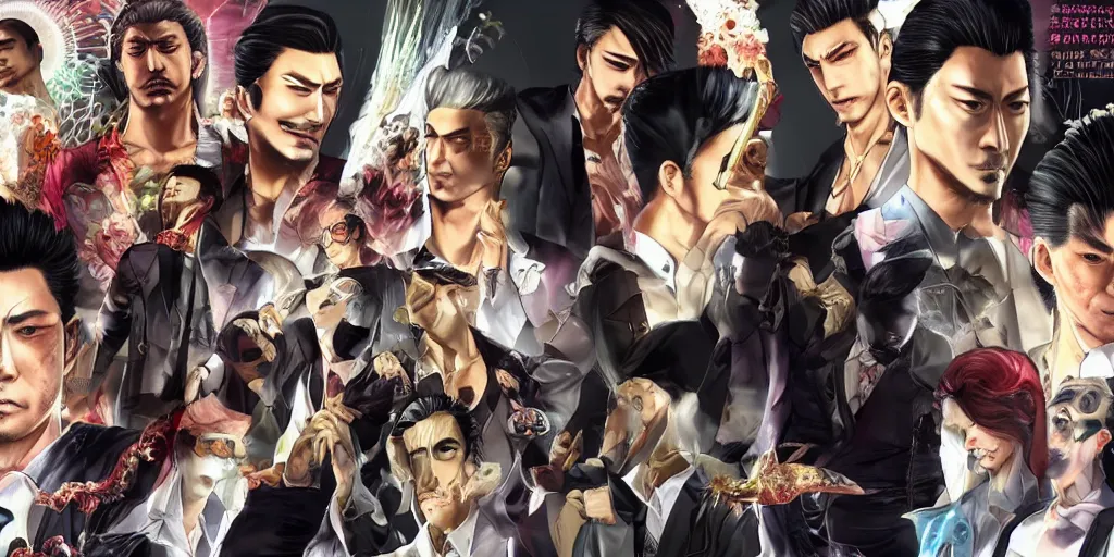 Image similar to Yakuza Kiryu Kazuma, Majima Goro, beautiful, gracious, marble, clouds, sun, bioluminescent skin, ultra detailed