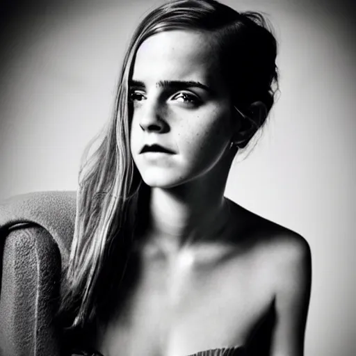 Image similar to Emma Watson closeup face shoulders very long hair Vogue fashion shoot by Peter Lindbergh fashion poses detailed professional studio lighting dramatic shadows professional photograph by Cecil Beaton, Lee Miller, Irving Penn, David Bailey, Corinne Day, Patrick Demarchelier, Nick Knight, Herb Ritts, Mario Testino, Tim Walker, Bruce Weber, Edward Steichen, Albert Watson