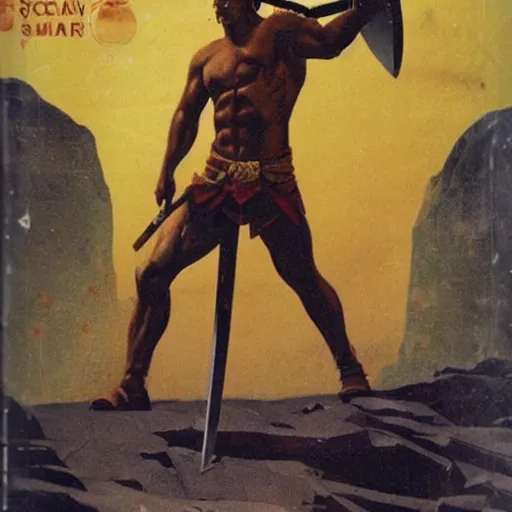 Image similar to muscular barbarian holding a giant sword on mars science fiction pulp