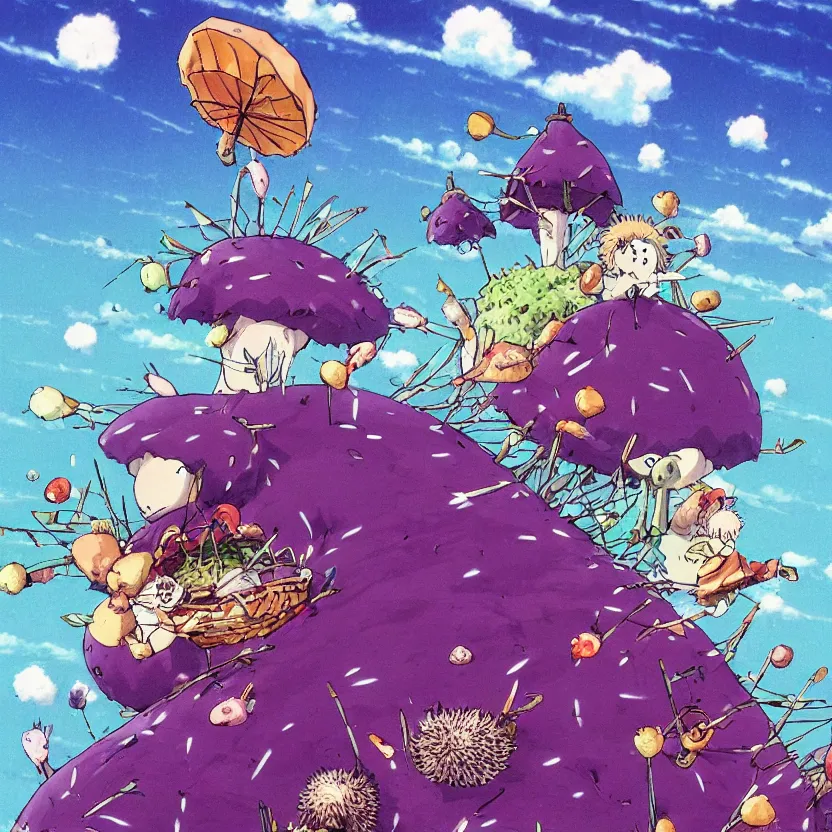 Image similar to anime by hayao miyazaki, hedgehog with purple needles hides under fly agaric from the rain