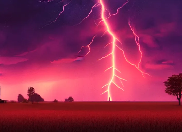 Prompt: lightning strikes a house in a field, epic red - orange aurora, perfect lightning, illustration by niko delort, 4 k, ultra realistic