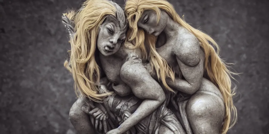 Prompt: a beautiful blond woman on the back of a gargoyle into battle, 8 k, moody lighting, shallow depth of field,