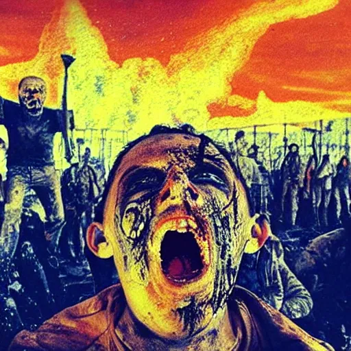 Image similar to selfie of a ukrainian screaming in pain and terrible injuries from a nuclear explosion, everything is on fire and radiation, in the background there are a lot of people like zombies, corpses and skeletons, a large nuclear explosion in the background, people are painted in yellow and blue, all dirty with severed limbs, doomsday