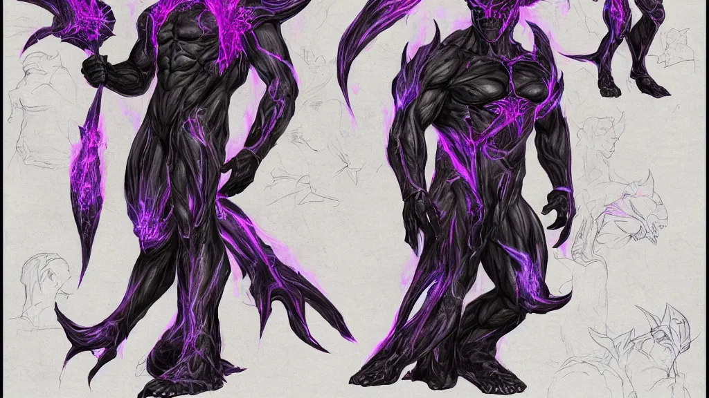 Image similar to a fantasy muscular Bright cosmic void ghost demon with two heads and a long tail character design sheet, trending on artstation