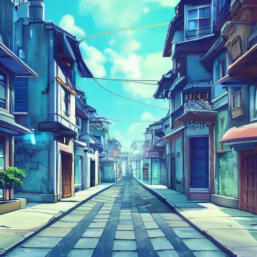 Prompt: a beautiful lonely street in a city from an Anime movie, the sky is blue with anime style clouds, romantic atmosphere, 4k,