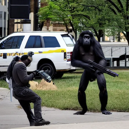 Prompt: Crazy ape shooting in Chicago