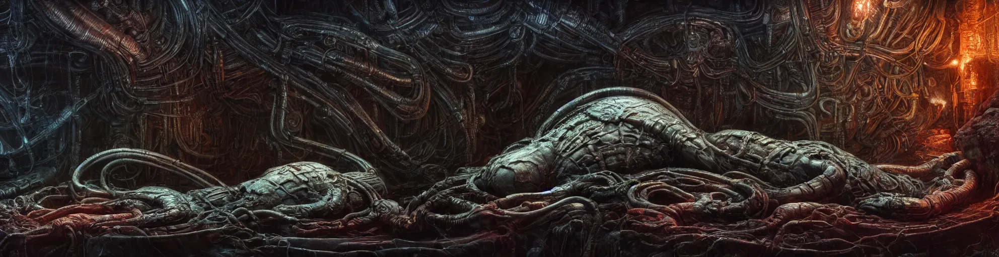 Image similar to Prometheus hibernation capsule biological sci-fi environment set close-up, hibernation capsule close-up, in a nightmarish universe of odd forms and somber tapestry, HR Giger and Vincent Di Fate, vivid color scheme, featured in artstation, octane render, cinematic, elegant, intricate, 8k