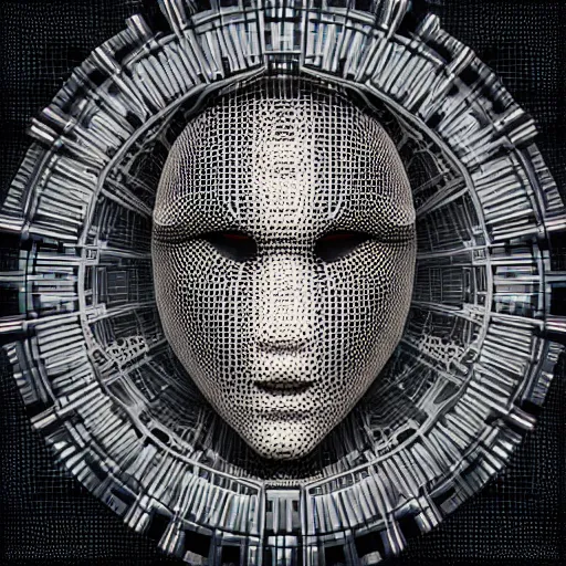 Image similar to an insanely detailed cibernetic artwork of a futuristic artificial intelligence superstar, centered image, perfectly symmetrical alien face, extremely detailed texture, with frames made of detailed fractals, octsne render, 4k, insanely detailed, detailed grid as background, cgi