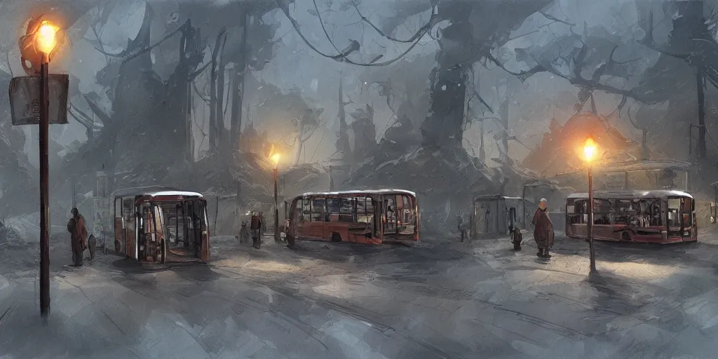 Image similar to concept art of a bus stop for the far north in style of marc simonetti