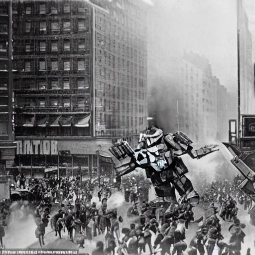 Prompt: old black and white photo, 1 9 1 3, depicting a diesel gundam rampaging through the bustling streets of new york city, historical record