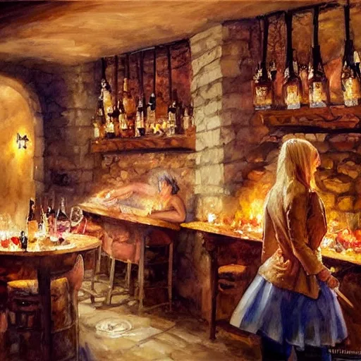 Image similar to hot blonde in a wine cellar, food, pork, beer, schnapps, rustic, traditional, torches on the wall, watercolor by vladimir volegov, highly detailed, masterpiece