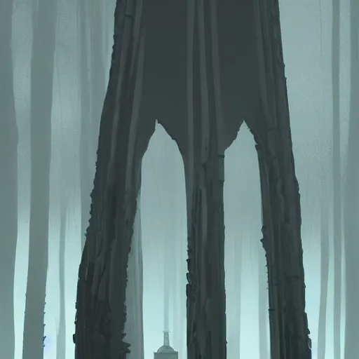 Image similar to monumental old ruins tower of a dark misty forest, overcast, sci - fi digital painting by simon stalenhag