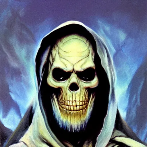 Image similar to ultra realistic portrait painting of skeletor as obi - wan kenobi, art by frank frazetta, 4 k, ultra realistic, highly detailed, epic lighting