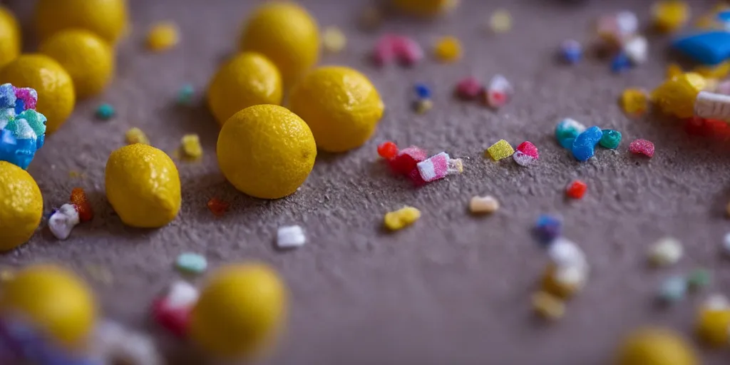 Image similar to a cinematic film still of a claymation stop motion film about a town made of lemons and candy, shallow depth of field, 8 0 mm, f 1. 8