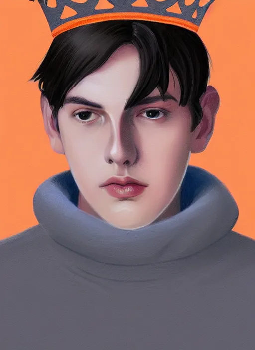 Image similar to portrait of teenage jughead jones wearing a light grey crown, crown, light grey crown, blue turtleneck, 1 9 5 0 s, closed eyes, intricate, peach and orange lighting, elegant, glowing lights, highly detailed, digital painting, artstation, concept art, smooth, sharp focus, illustration, art by wlop, mars ravelo and greg rutkowski