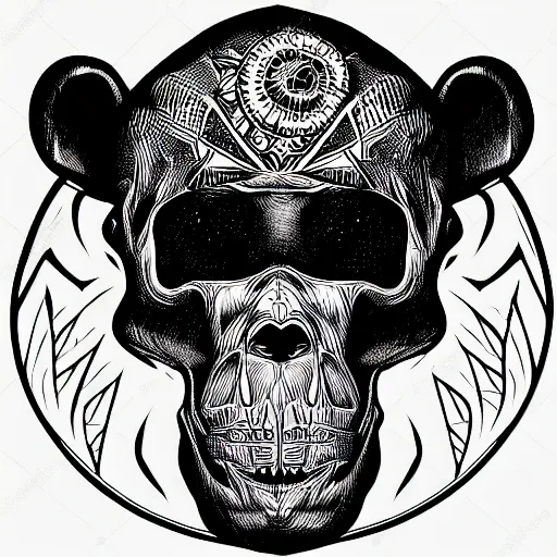 Prompt: a logo of a humanoid chimp skull hovering over a star pattern, 2 handguns are crossing in the middle of the picture ultra detailed, fine line pen drawing on parchment, symmetrical, stylish