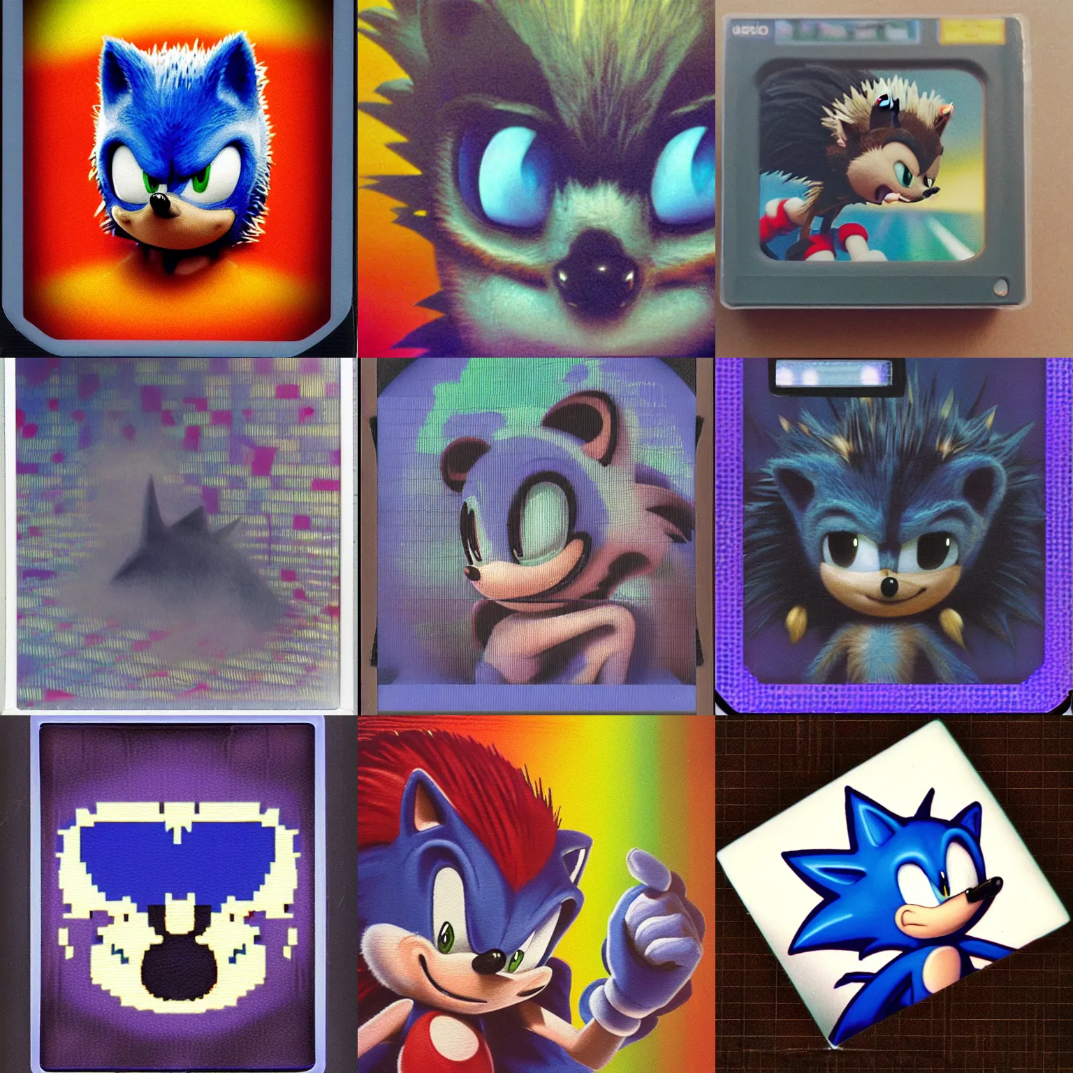 Prompt: close up polaroid instax portrait of sonic hedgehog, matte painting landscape of a surreal sharp foggy detailed professional soft pastels high quality airbrush art album cover of a liquid dissolving airbrush art lsd dmt sonic the hedgehog swimming through cyberspace holo checkerboard background 1 9 9 0 s 1 9 9 2 sega genesis rareware video game album cover