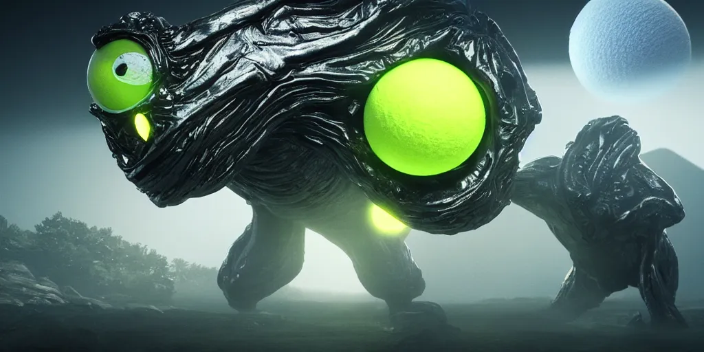 Image similar to a photo of 8 k ultra realistic tennis ball monster, tennis ball monsters, alien exotic, cinematic lighting, trending on artstation, 4 k, hyperrealistic, focused, high details, unreal engine 5, cinematic, alien planet atmosphere in background, 3 d render by basil gogos and beeple