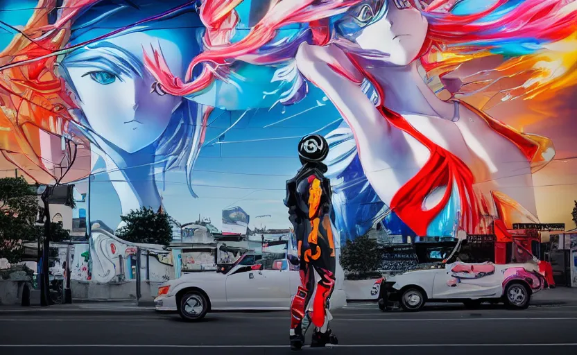 Image similar to billboard advertisement with an extremely beautiful photo of a white marble statue of an anime girl with colorful motocross logos and motorcycle helmet with closed visor, colorful smoke in the background, carved marble statue, fine art, neon genesis evangelion, virgil abloh, offwhite, denoise, highly detailed, 8 k, hyperreal