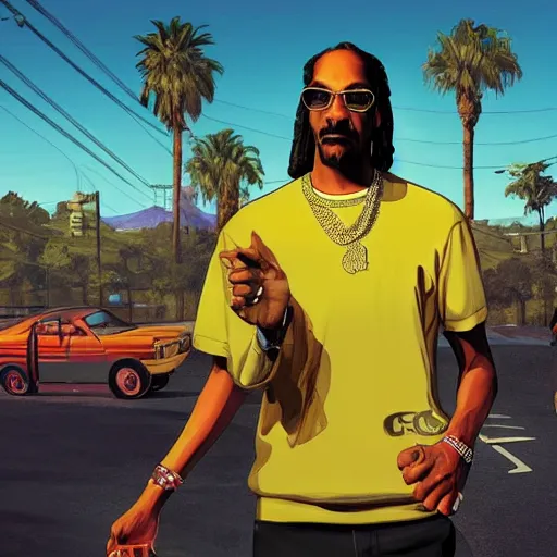 Image similar to snoop dog in gta v, cover art by stephen bliss, artstation, no text