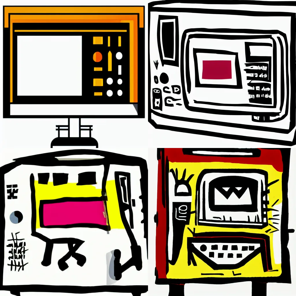 Prompt: an old crt desktop computer monitor turned diagonally, side view, clipart icon, jean michel basquiat, minimal