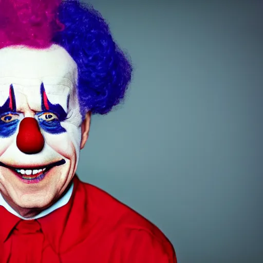 Image similar to UHD candid photo of Joe Biden dressed as a clown, wearing accurate clown makeup, accurate face, UHD, photorealistic, correct face, photo by Annie Leibowitz