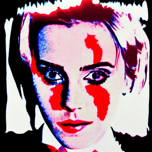 Prompt: emma watson in a suit and tie with a creepy face, a screenprint by warhol, reddit contest winner, antipodeans, hellish, anaglyph filter, hellish background