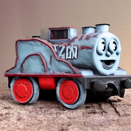 Image similar to zombie apocalypse thomas the tank engine clay sculpture, ominous, monster, spikes