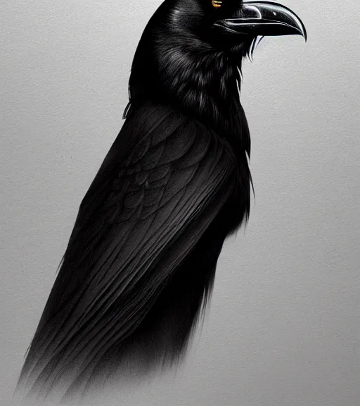 Image similar to portrait of an elegant raven with heightened detail, poised, intense emotion, detailed surroundings, intricate, elegant, highly detailed, centered, digital painting, artstation, concept art, smooth, sharp focus, illustration, by ( leonardo da vinci ), wlop