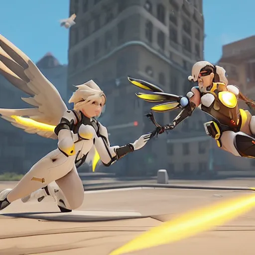 Prompt: mercy from overwatch flying above her team healing them as they push the payload across the map, unreal engine 5 4 k