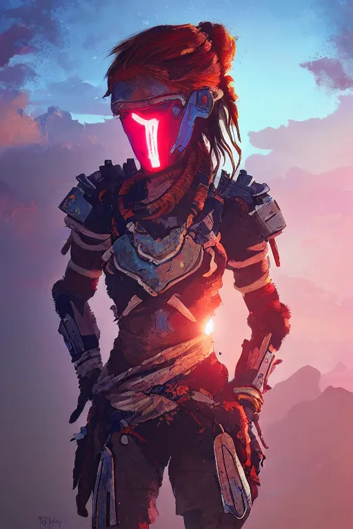 Image similar to combination suit armor aloy horizon forbidden west horizon zero dawn radiating a glowing aura global illumination ray tracing hdr fanart arstation by ian pesty and alena aenami artworks in 4 k tribal robot ninja mask helmet backpack