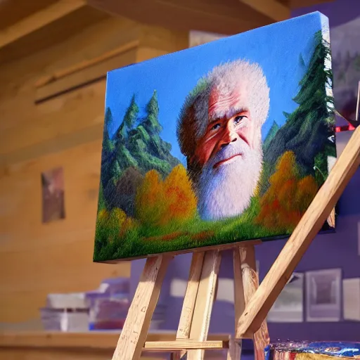 Image similar to a closeup photorealistic photograph of bob ross working on a canvas painting of elmo. film still. brightly lit scene. mountains and trees. this 4 k hd image is trending on artstation, featured on behance, well - rendered, extra crisp, features intricate detail, epic composition and the style of unreal engine.