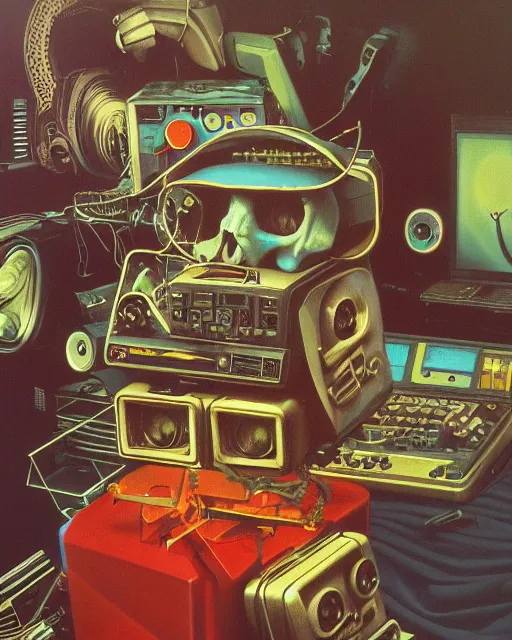 Image similar to a sacred skull observing 8 0 s era technology, vintage shapes, retro technology, vintage color, wayne barlow, oil on canvas, deep depth of field, masterpiece, cinematic composition, hyperdetailed