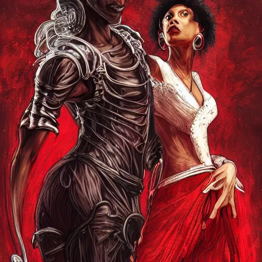 Image similar to a photograpic portrait of a black man dancing with a female devil wearing red clothes, Dark souls themed, fantasy, intricate, elegant, highly detailed, digital painting, artstation, concept art, smooth, sharp focus, illustration, art by artgerm and H R Giger and alphonse mucha