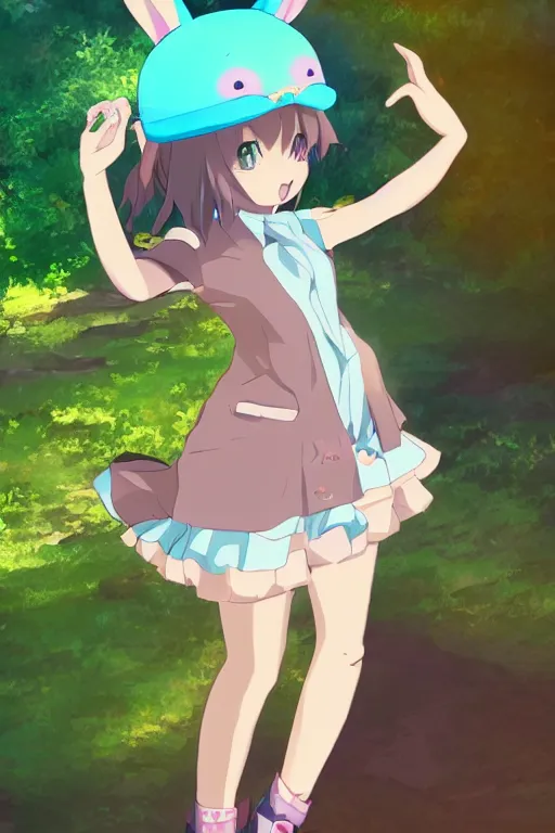 Image similar to Tonemapped cheerful Anime girl with bunny hat in the style of Makoto Shinkai and Yun Kōga