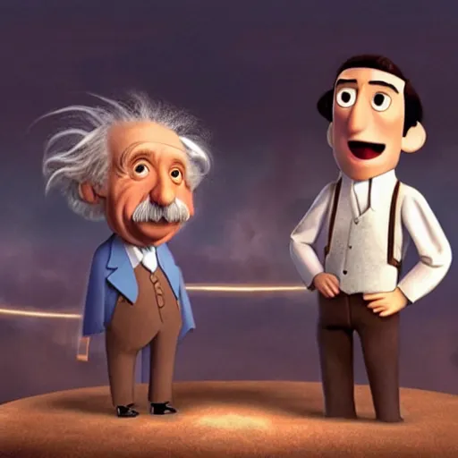 Image similar to Albert Einstein and Nikola Tesla fighting, pixar movie