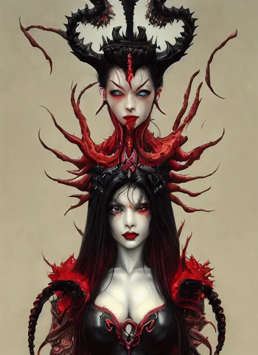 Prompt: a hyper detailed full face portrait of black haired girl with red eyes, queen of blades, sideshow figurines, diablo 4 lilith, by yusuke murata, by hiroya oku, by dorian cleavenger, by tom bagshaw, by zdzisław beksinski, trending on artstation