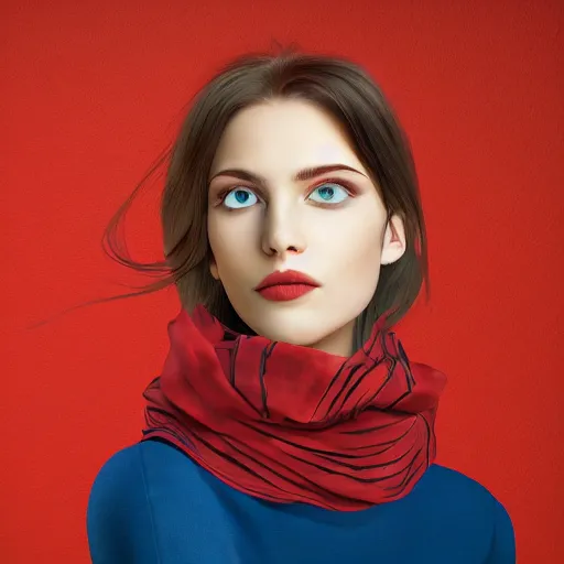 Image similar to beautiful woman wearing a red blouse, blue jeans, scarf. hyperrealistic