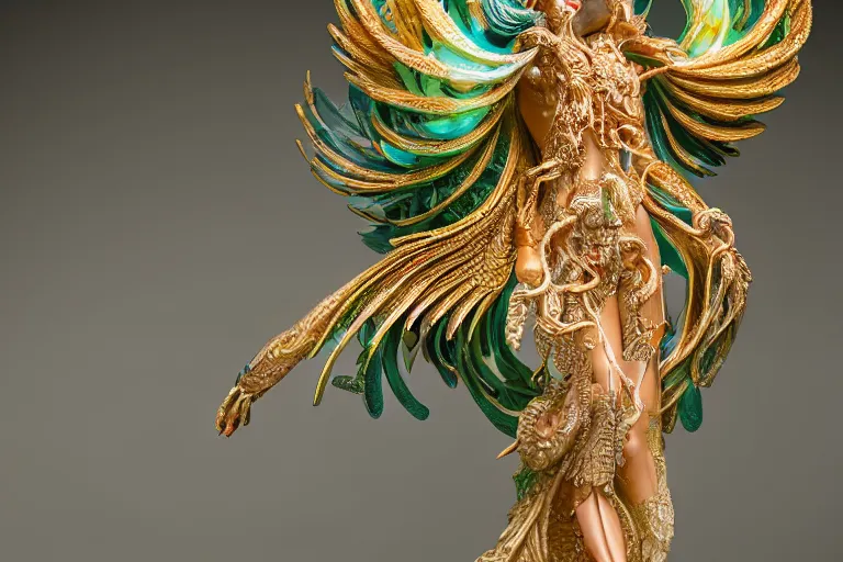 Image similar to a closeup photo - real delicate ceramic porcelain sculpture of an ornate detailed phoenix goddess in front of an intricate background by rafael, micro detail, backlit lighting, subsurface scattering, translucent, thin porcelain, emerald, jade, octane renderer, colorful, physically based rendering, trending on cgsociety