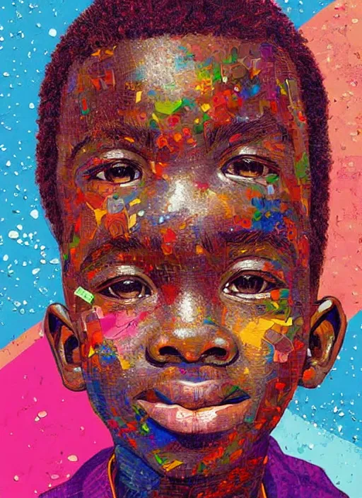 Image similar to colourful upper half portrait of an african boy - art by aya takano, magazine collage, highly detailed, digital painting, illustration, smooth, sharp focus, intricate, clustered, busy, pinterest, behance,