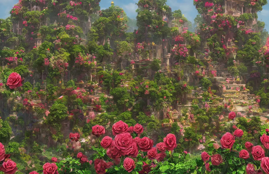 Prompt: a beautiful and highly detailed painting of a bloomcore temple built on the top leaf of a towering rose on a world of massive scale bloom flora | establishing shot | unreal engine :. 3 | impasto :. 6