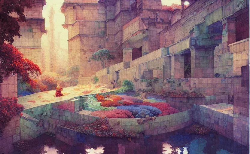 Image similar to tiled room squared waterway, aqueducts, fantasy. intricate, amazing composition, colorful watercolor, by ruan jia, by maxfield parrish, by marc simonetti, by hikari shimoda, by robert hubert, by zhang kechun, illustration, gloomy