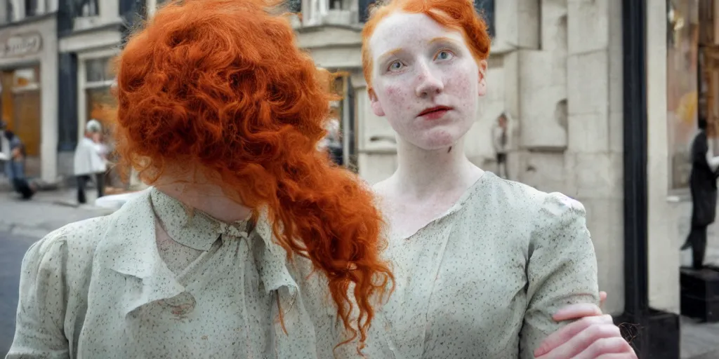 Prompt: dream a young red haired woman with freckles looks deeply into the camera, 1920's london street, 100, 50mm, art nouveau, f4.0, style of Joel Meyerowitz, gustav klimpt