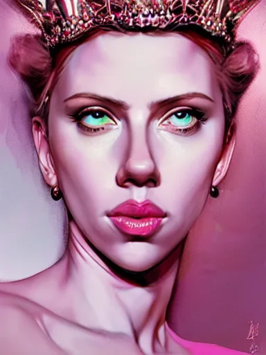 Image similar to pink portrait of beautiful female angel queen Scarlett Johansson head wearing shiny pink crown, subtle purple accents, hyper details, black metal rococo, sculpted by Alex Alice, Craig Mullins, yoji shinkawa, trending on artstation, beautifully lit, Peter mohrbacher, hyper detailed, insane details, intricate, elite, elegant, luxury, ray of light through smoke, CGsociety, hypermaximalist, golden ratio, volumetric, octane render, weta digital, micro details, 3d sculpture